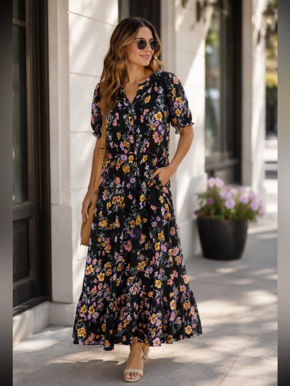 Torrid Black Floral Tie Waist Maxi Dress 4X Plus Size Short Sleeve Boho